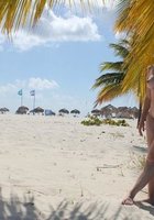 Блонда с упругими буферами гуляет голышом по пляжу 17 фото